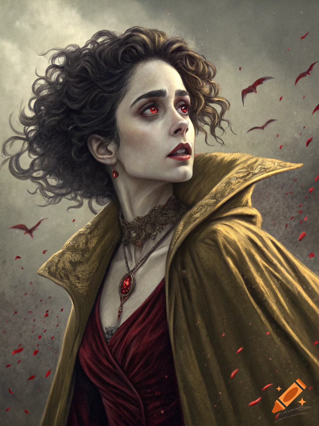 Painting of a woman with red eyes, curly hair, wearing a gold cloak and ruby necklace, with red birds in the background.