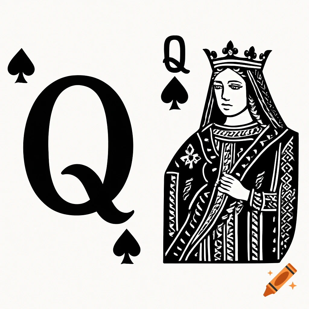 Black and white illustration of a Queen of Spades figure with a large 'Q' and spade symbol.