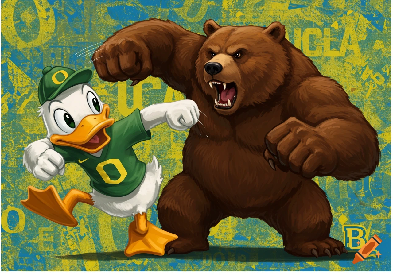 Cartoon Oregon Duck in sports gear punching a UCLA Bruin bear, with abstract text background.
