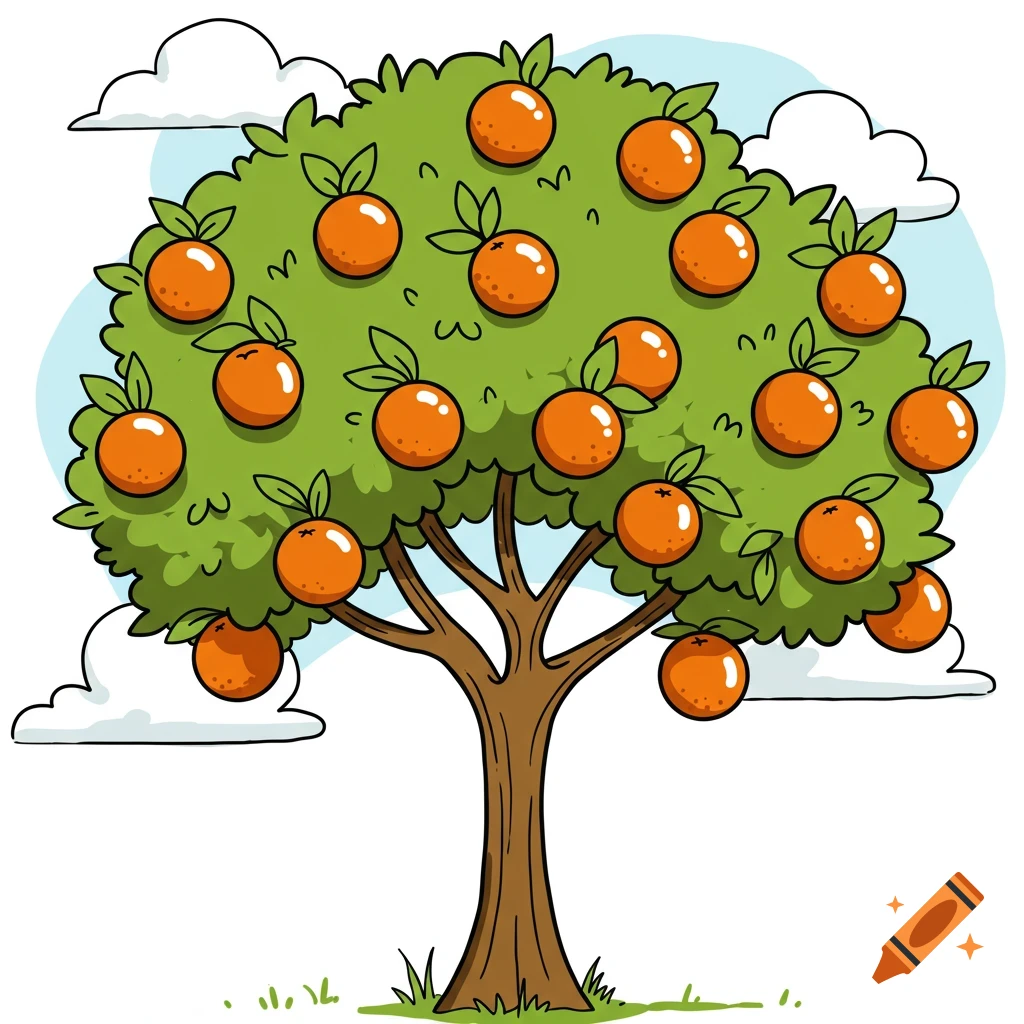 A cartoon orange tree with many oranges.