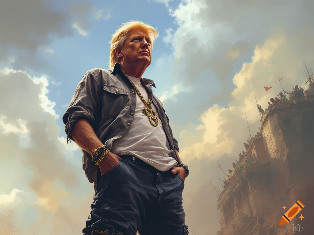 Donald Trump in baggy jeans, open shirt, and gold chains, viewed from a low angle against a dramatic sky and ancient structure.