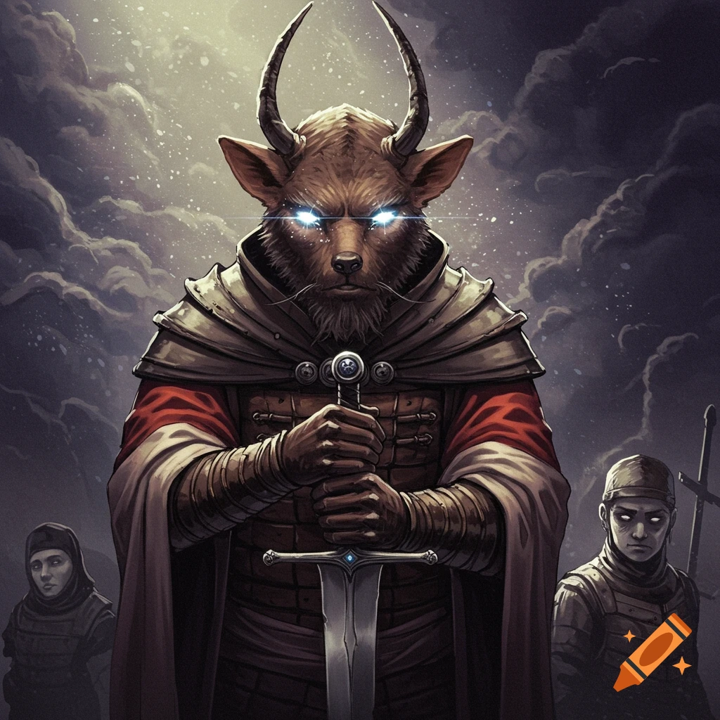 Fantasy warrior with animal head and horns in armor holding a sword.
