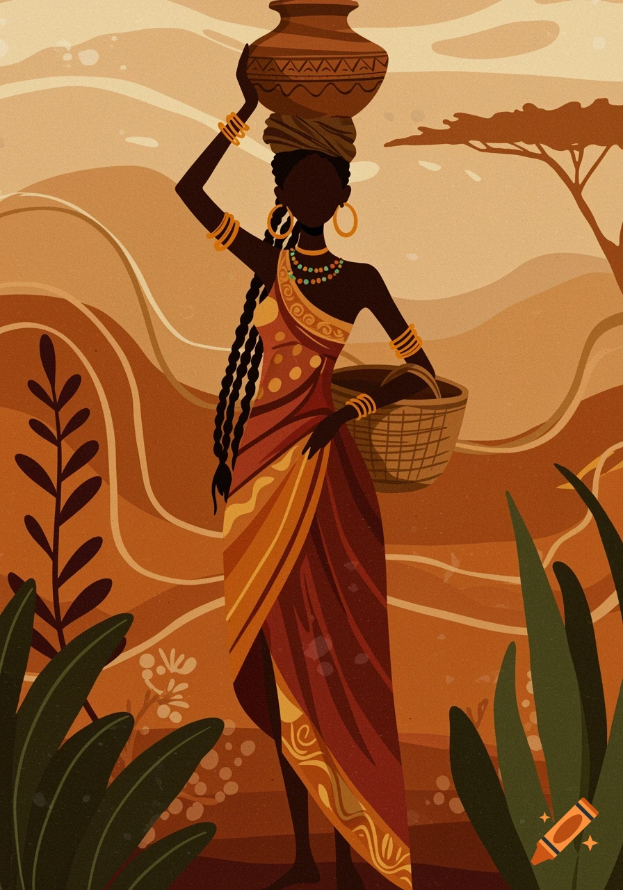 Stylized illustration of an African woman carrying a pot on her head and a basket in a warm, abstract setting.