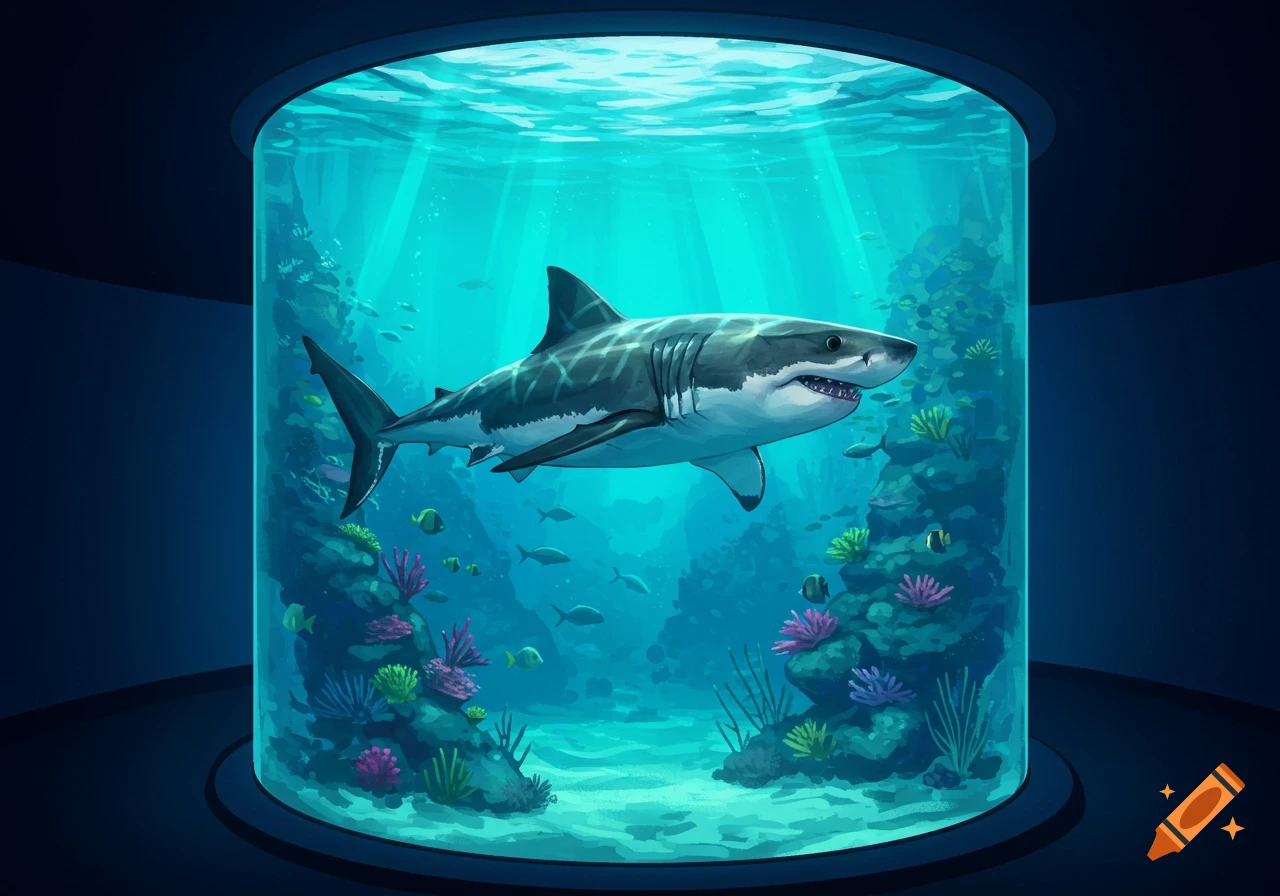 Stylized drawing of a great white shark in a large aquarium tank with coral