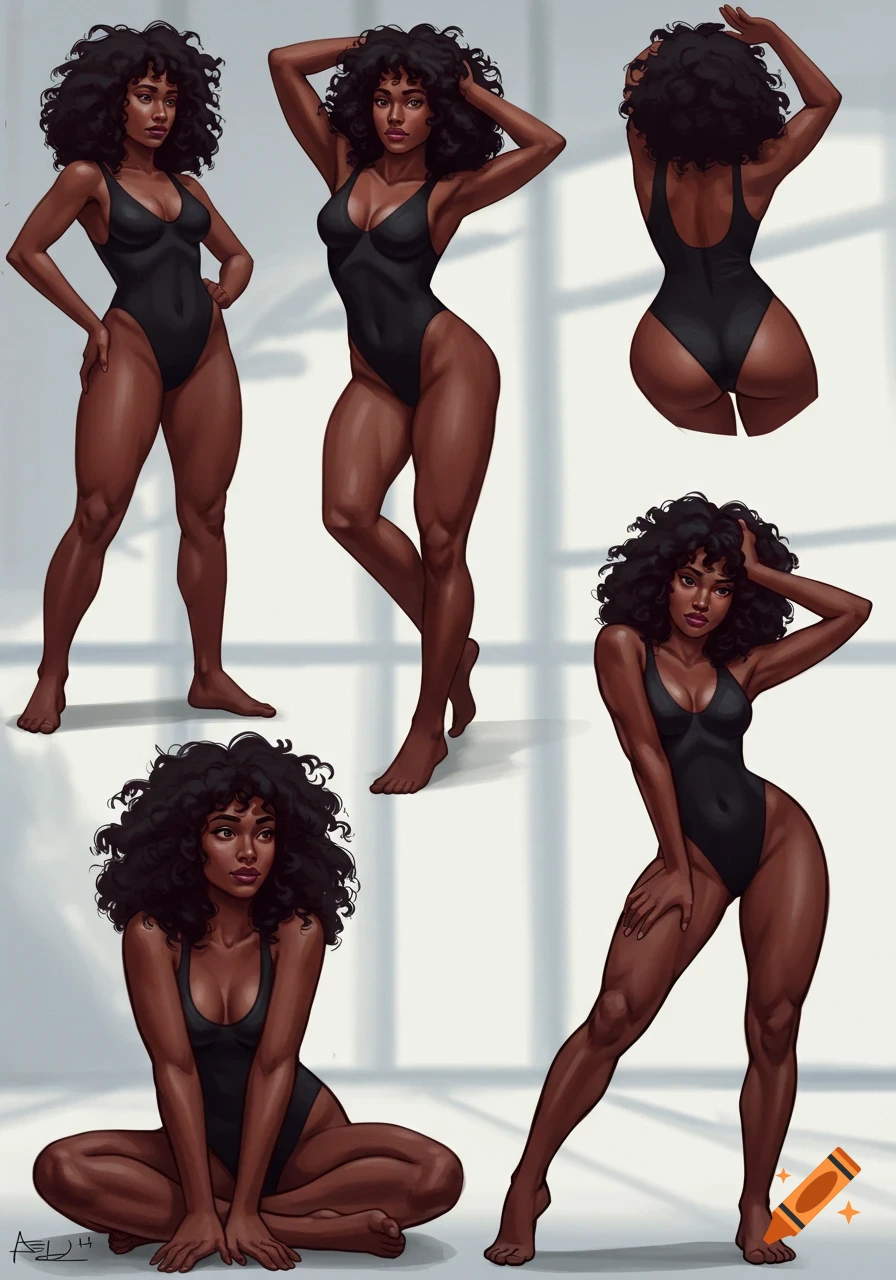 Illustration of a woman in a black swimsuit shown in multiple reference poses.