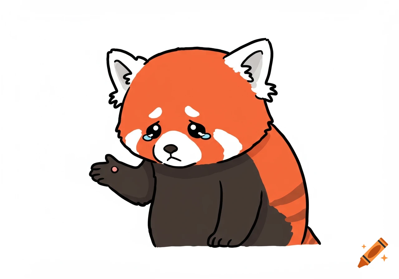 Cartoon red panda looks sad and holds out a paw.