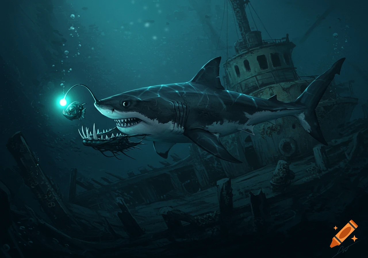 A great white shark swims by an anglerfish with a glowing light near an old sunken shipwreck underwater.