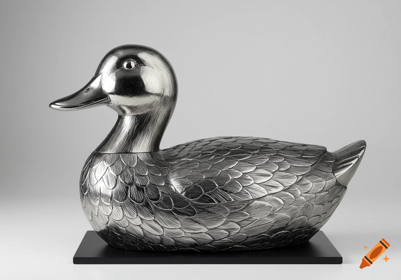 A shiny silver duck statue on a black base
