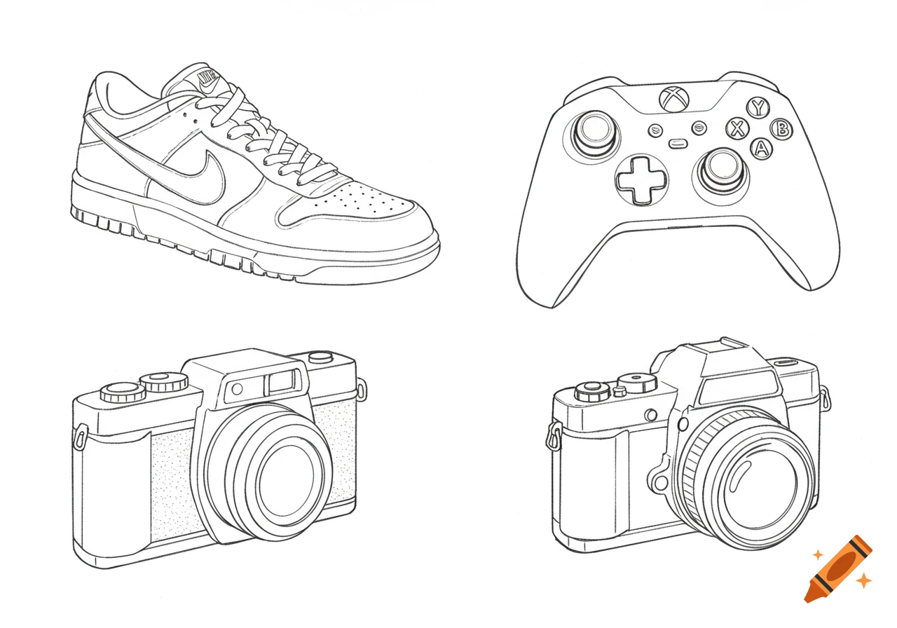 Line drawing illustration of a sneaker, Xbox controller, and two cameras.