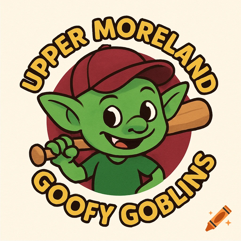 Cartoon logo of a green goblin wearing a baseball cap and holding a bat, inside a circle with text.