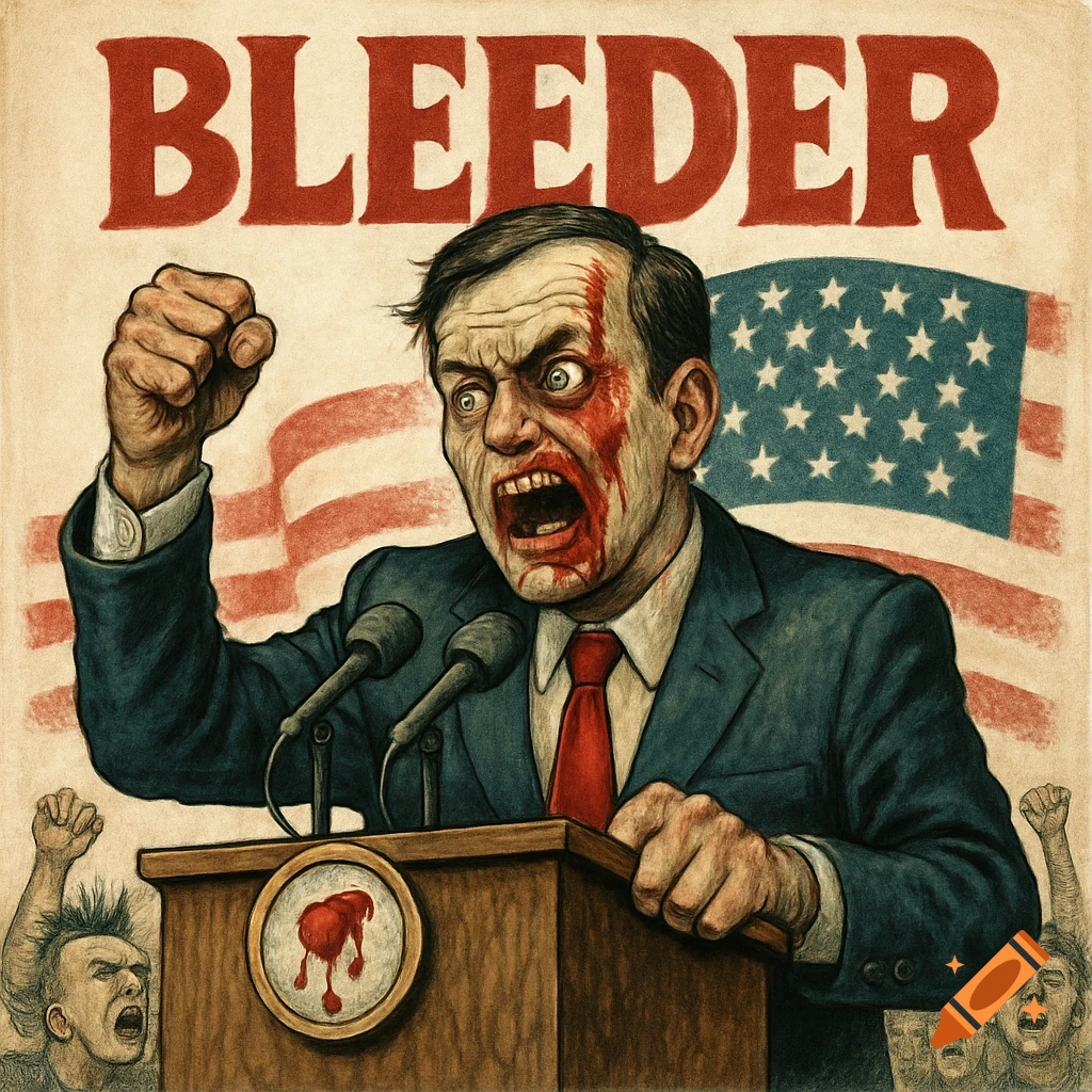 Stylized illustration of a screaming man with blood on his face speaking at a podium in front of a US flag. Text: BLEEDER.