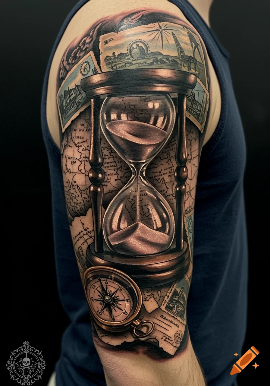 Realistic sleeve tattoo with hourglass, compass, map, and postcards