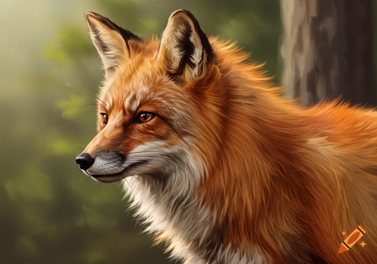 Close-up portrait painting of a red fox looking left.