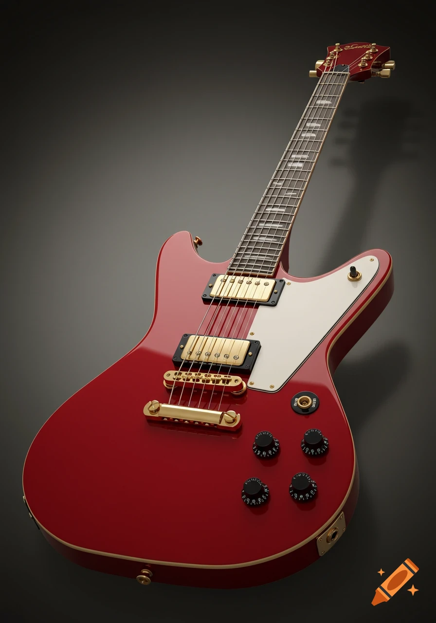 A red electric guitar with gold hardware.