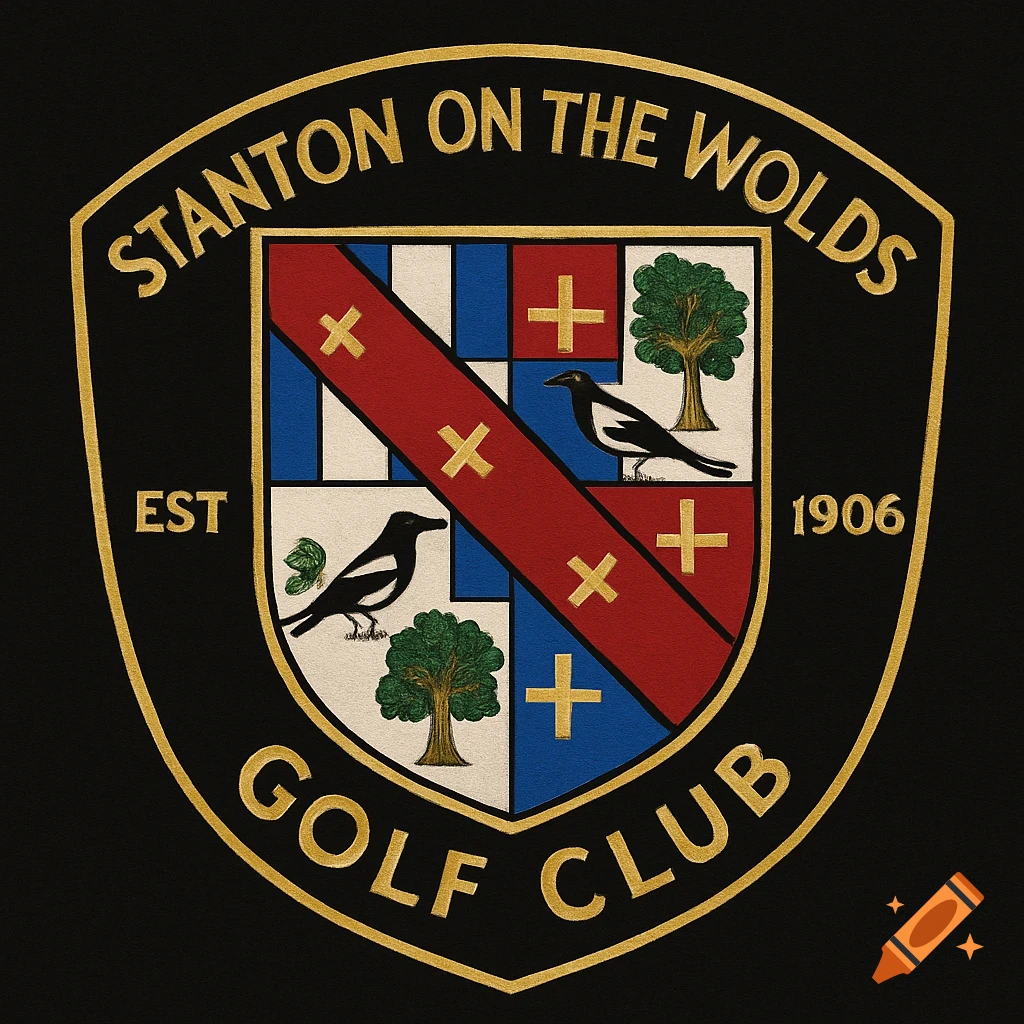 Shield-shaped golf club logo with text 'STANTON ON THE WOLDE GOLF CLUB EST 1906', heraldic elements, magpies, and trees.