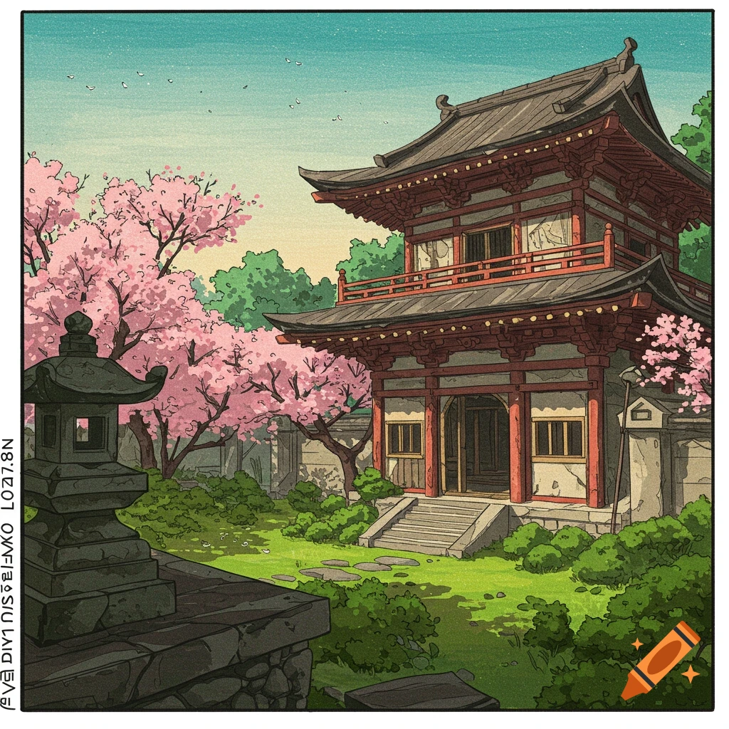 Illustration of a traditional Japanese temple surrounded by pink cherry blossoms and a green garden.