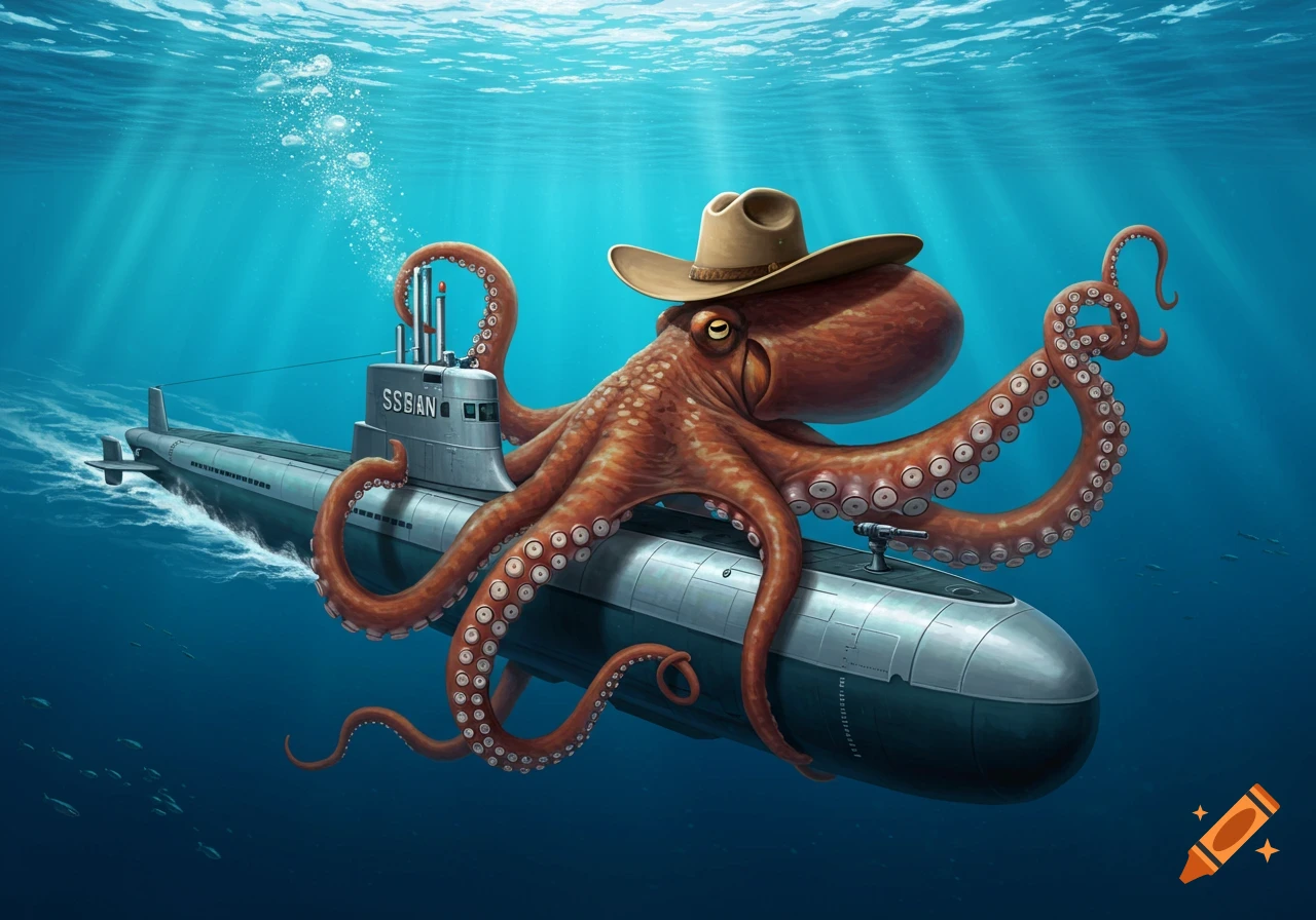 An octopus wearing a cowboy hat rides on top of a submarine underwater.