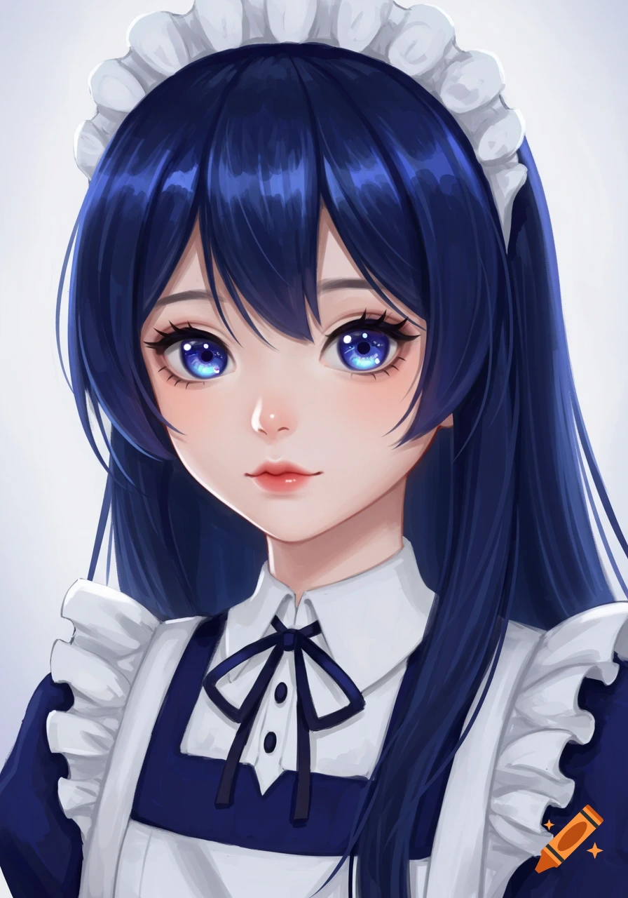 Anime-style portrait of a girl in a maid outfit with blue eyes and dark blue hair