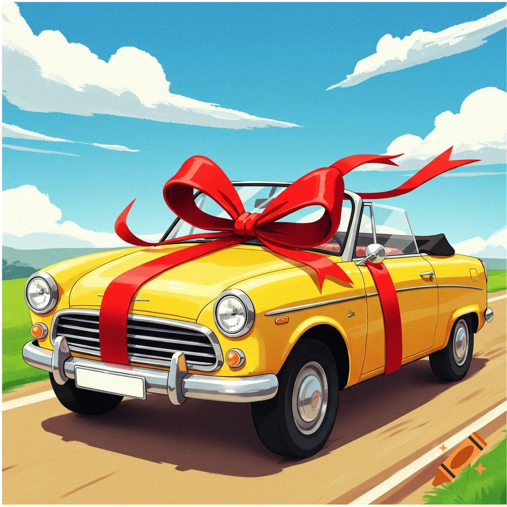 A yellow classic convertible car with a large red bow on top, parked on a road under a sunny sky, in an illustration style.