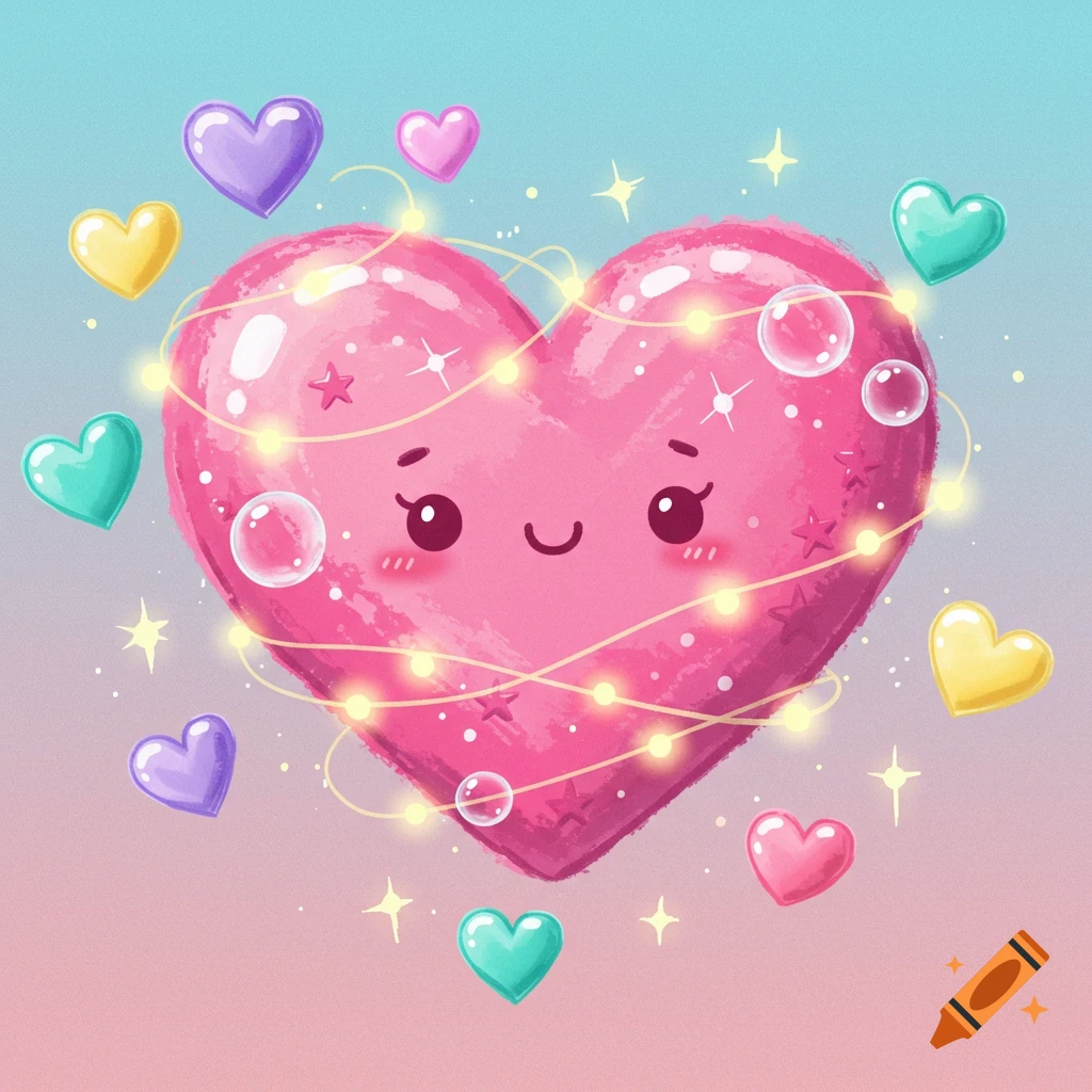 Cute pink heart with lights and bubbles surrounded by colorful hearts.