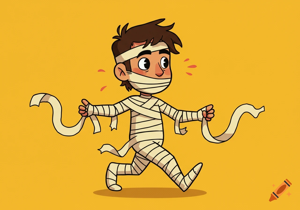 Cartoon boy wrapped in mummy bandages running