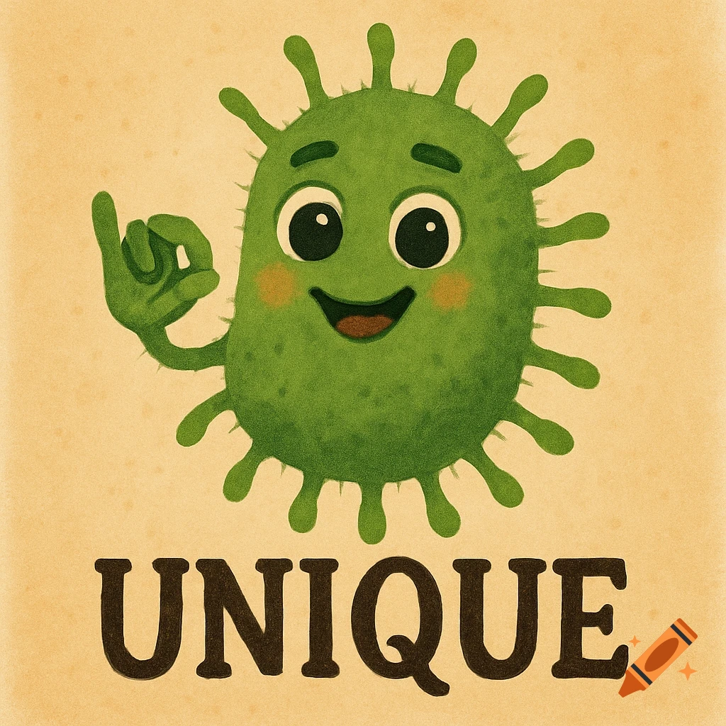 A cute green cartoon microbe points up over the word UNIQUE in a textured illustration style.