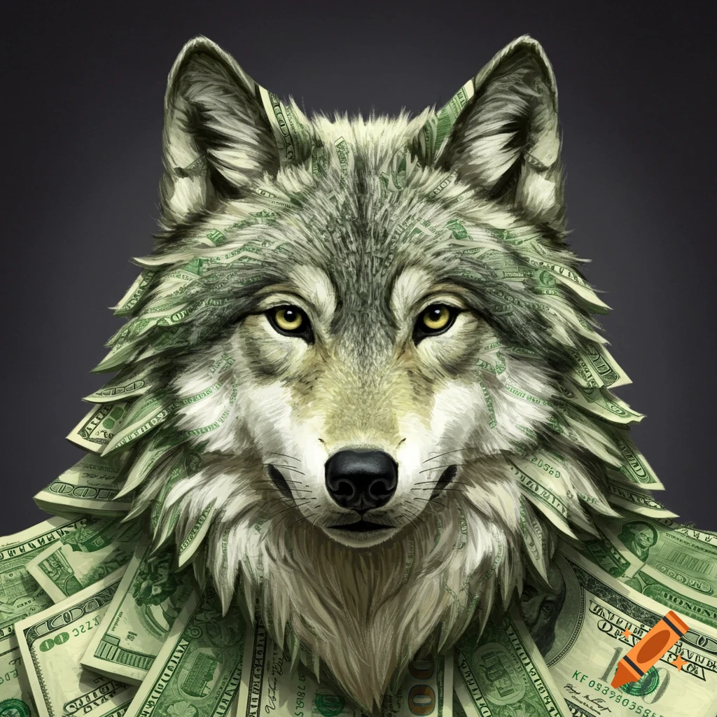Illustrative portrait of a wolf made of US dollar bills