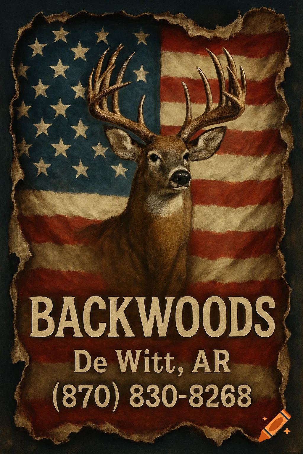 Whitetail buck against a ripped American flag with text 'BACKWOODS De Witt, AR (870) 830-8268'.