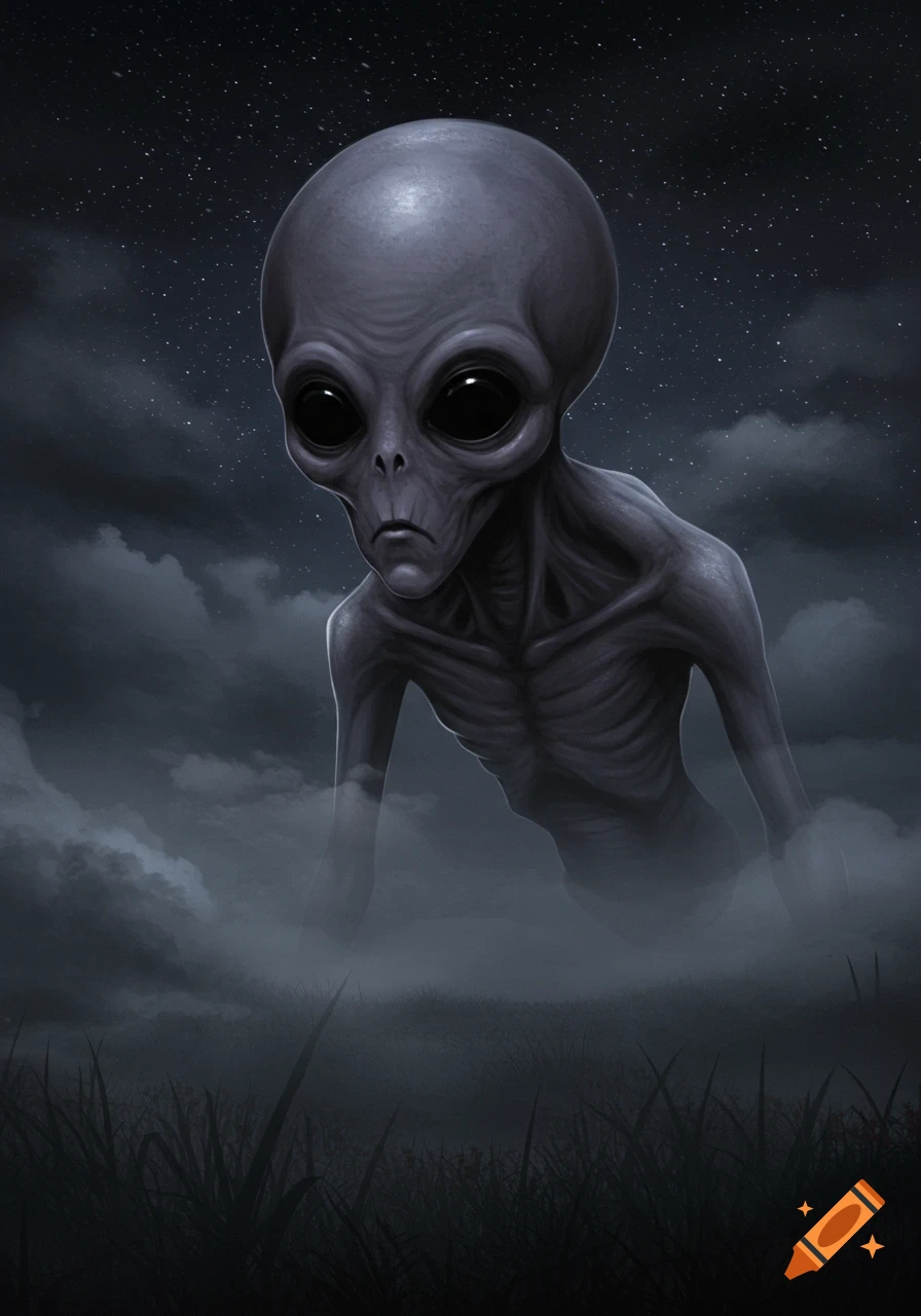 A grey alien creature stands in a misty field under a starry night sky.