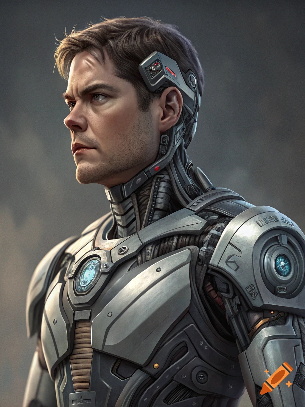 Portrait of a man depicted as a detailed sci-fi cyborg