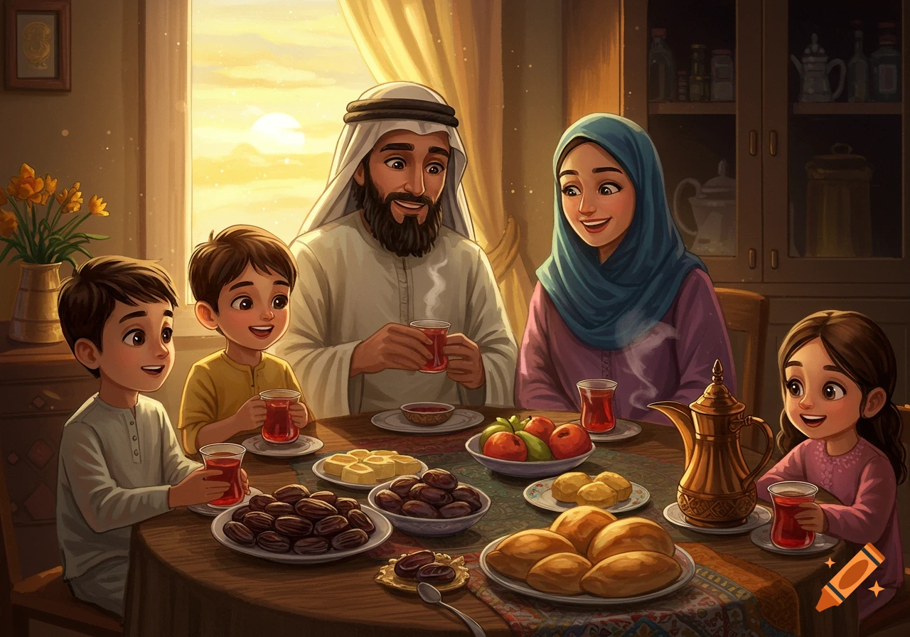 Illustration of a Middle Eastern family sharing a meal at a table with dates and tea.