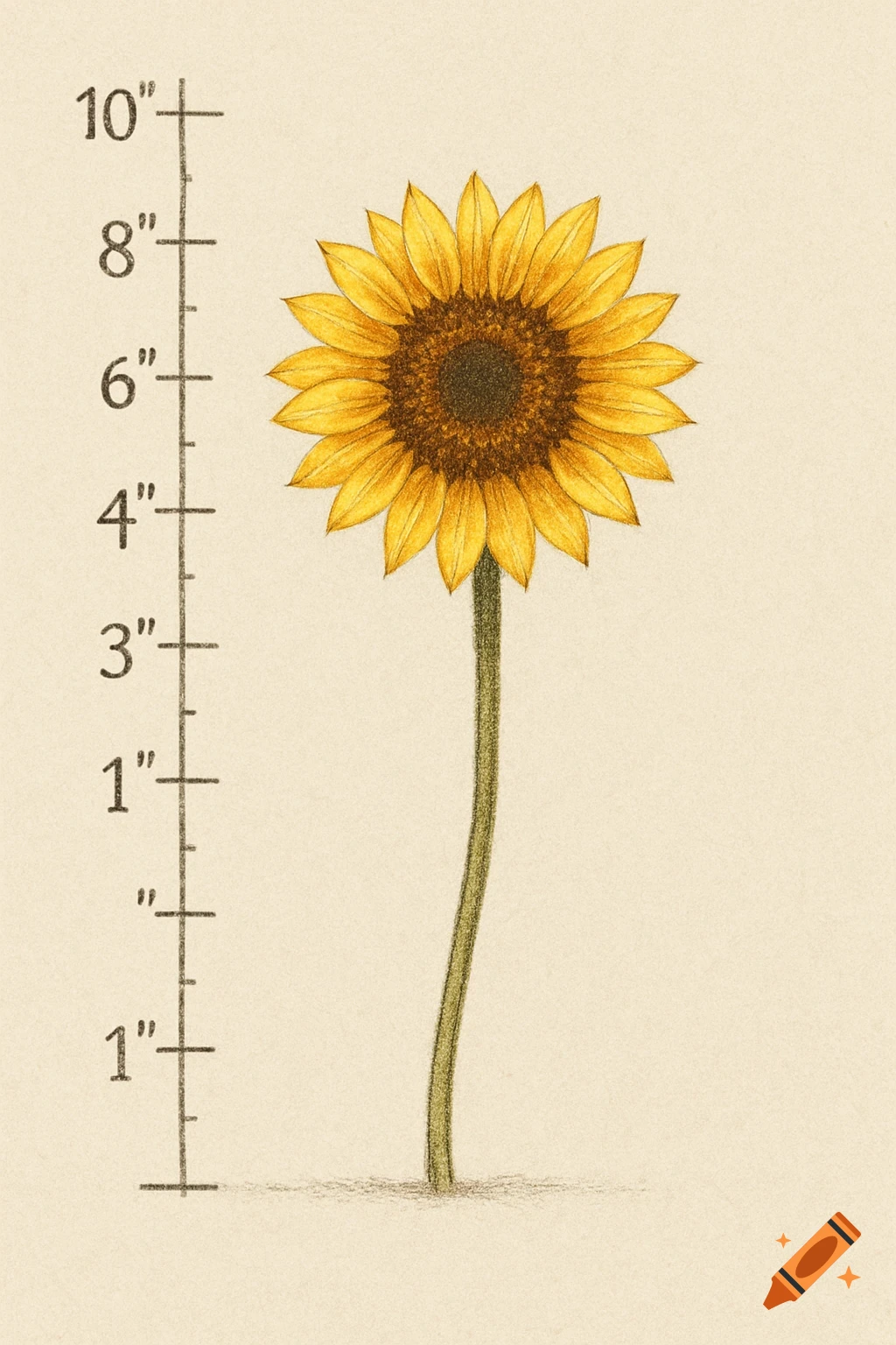 Colored pencil drawing of a sunflower next to an inch ruler scale.