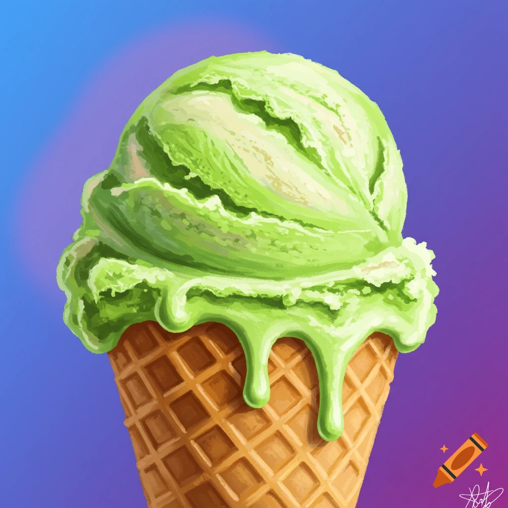 A scoop of green ice cream melting on a waffle cone. Digital painting style.