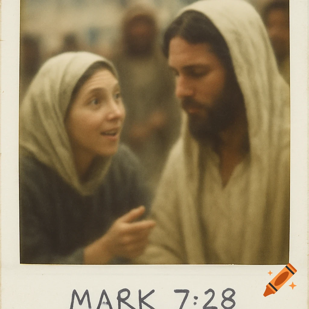Two figures in historical clothing, one possibly Jesus, look at each other in a blurry vintage Polaroid style. Text below reads 'MARK 7:28'.