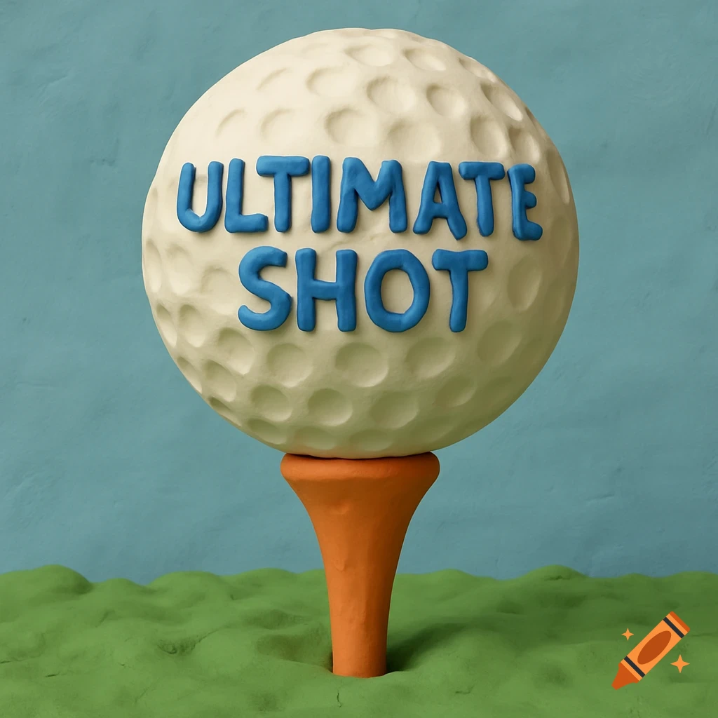 A claymation style image of a golf ball on a tee, with the words "ULTIMATE SHOT" written on the ball.