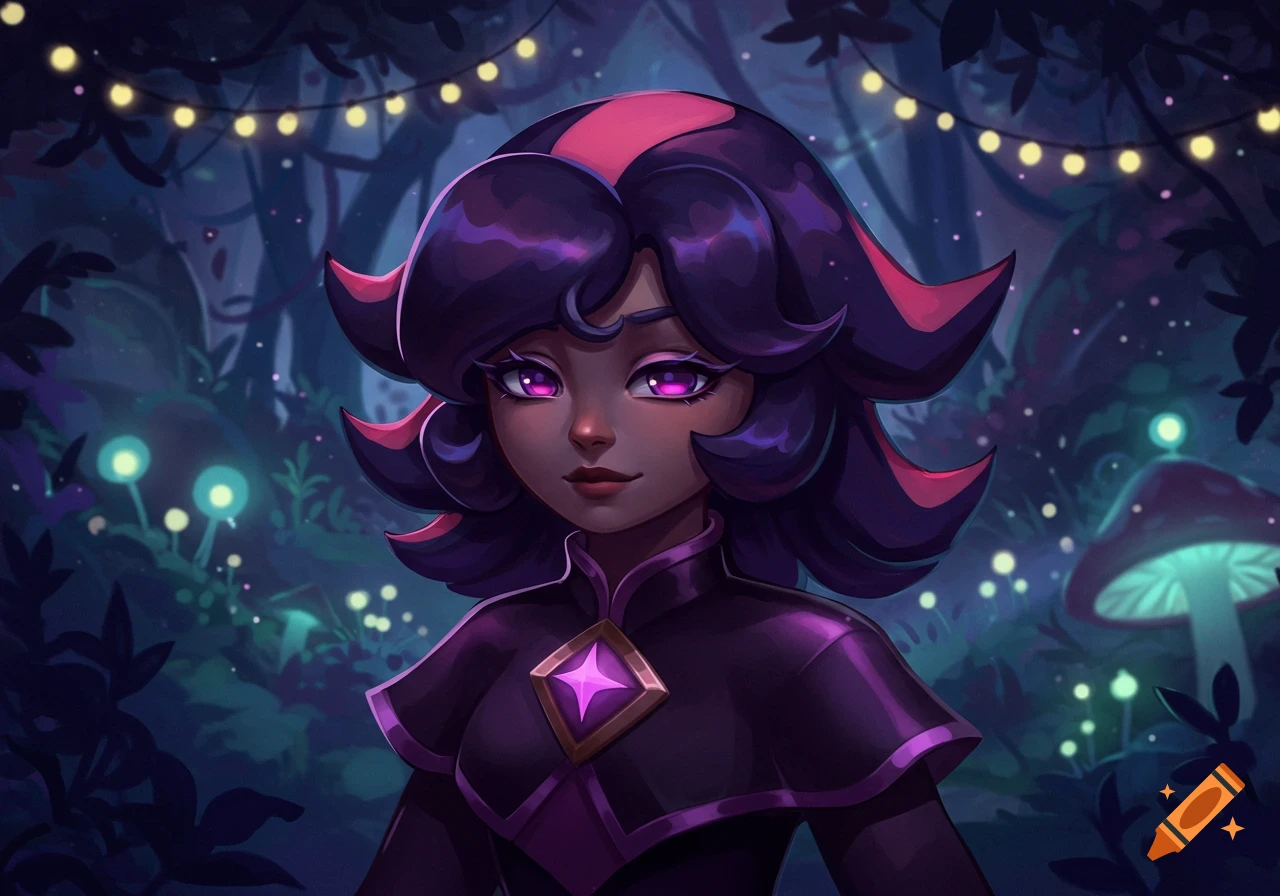 A stylized character with purple hair and eyes in a dark fantasy forest ...