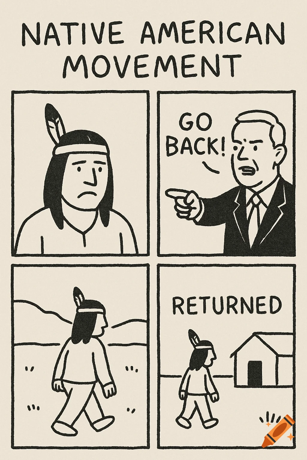 Four-panel political cartoon: Native American person, man saying 'GO BACK', person walking away, person returning to house with 'RETURNED'.