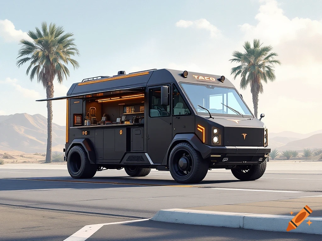 Black futuristic taco truck in a desert landscape