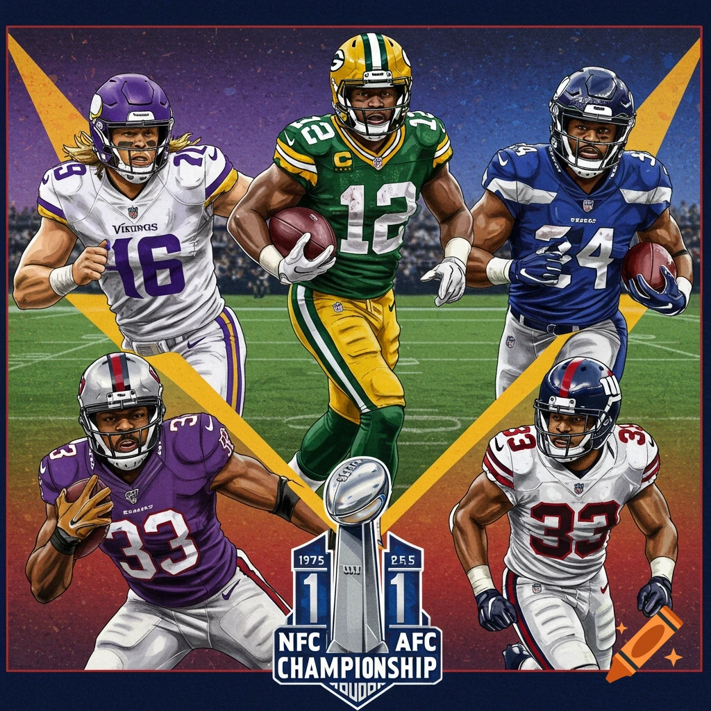 Illustration of multiple NFL players from different teams surrounding a championship trophy.