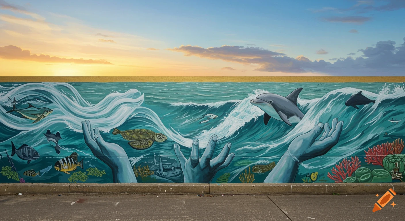 A mural depicts large hands supporting an ocean scene with waves, dolphins, turtles, fish, and a shipwreck against a sunset sky.