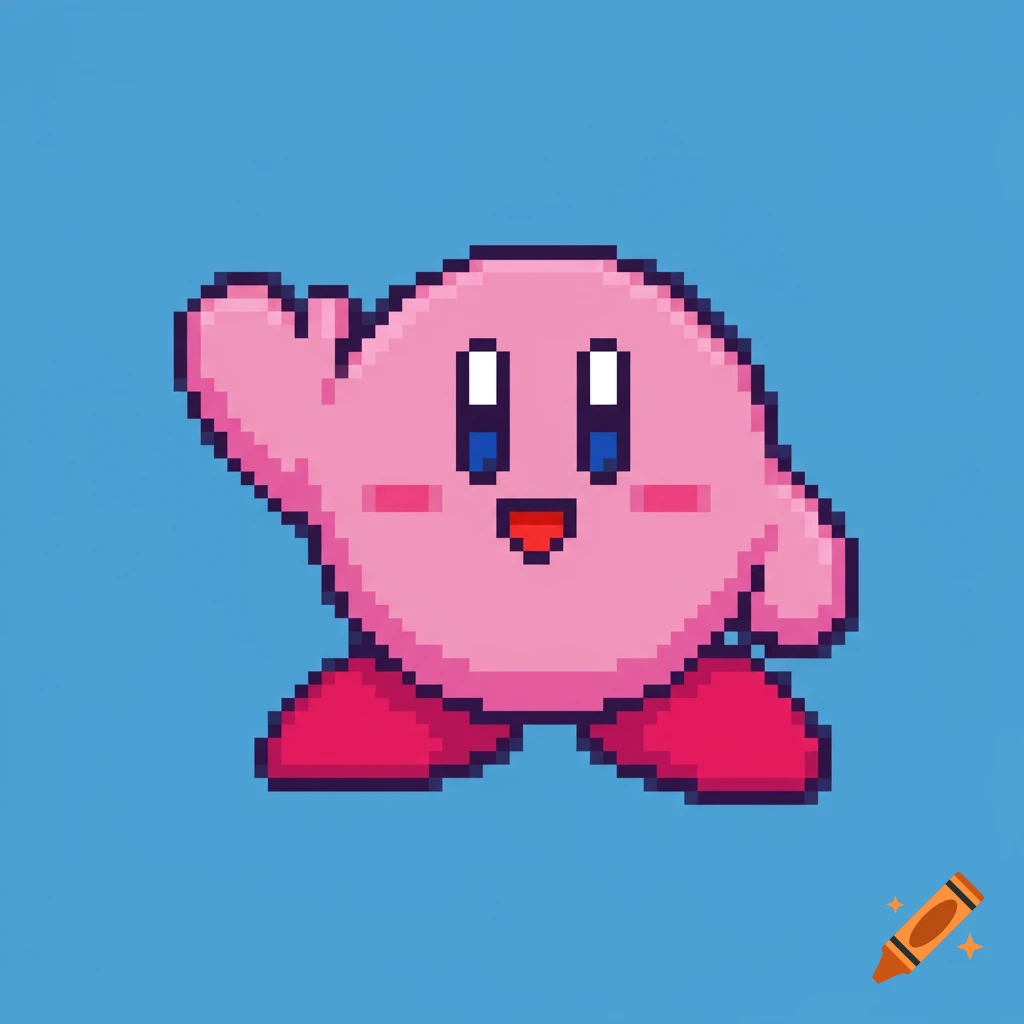 Pixel art sprite of pink Kirby waving hello on a blue background.