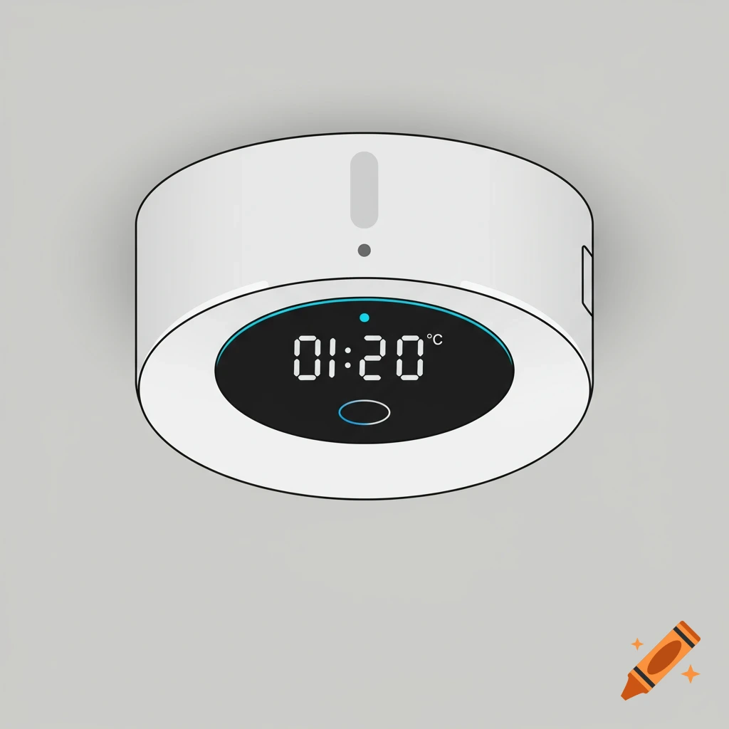 A vector illustration of a white, ceiling-mounted air quality sensor displaying 01:20 and degree Celsius.