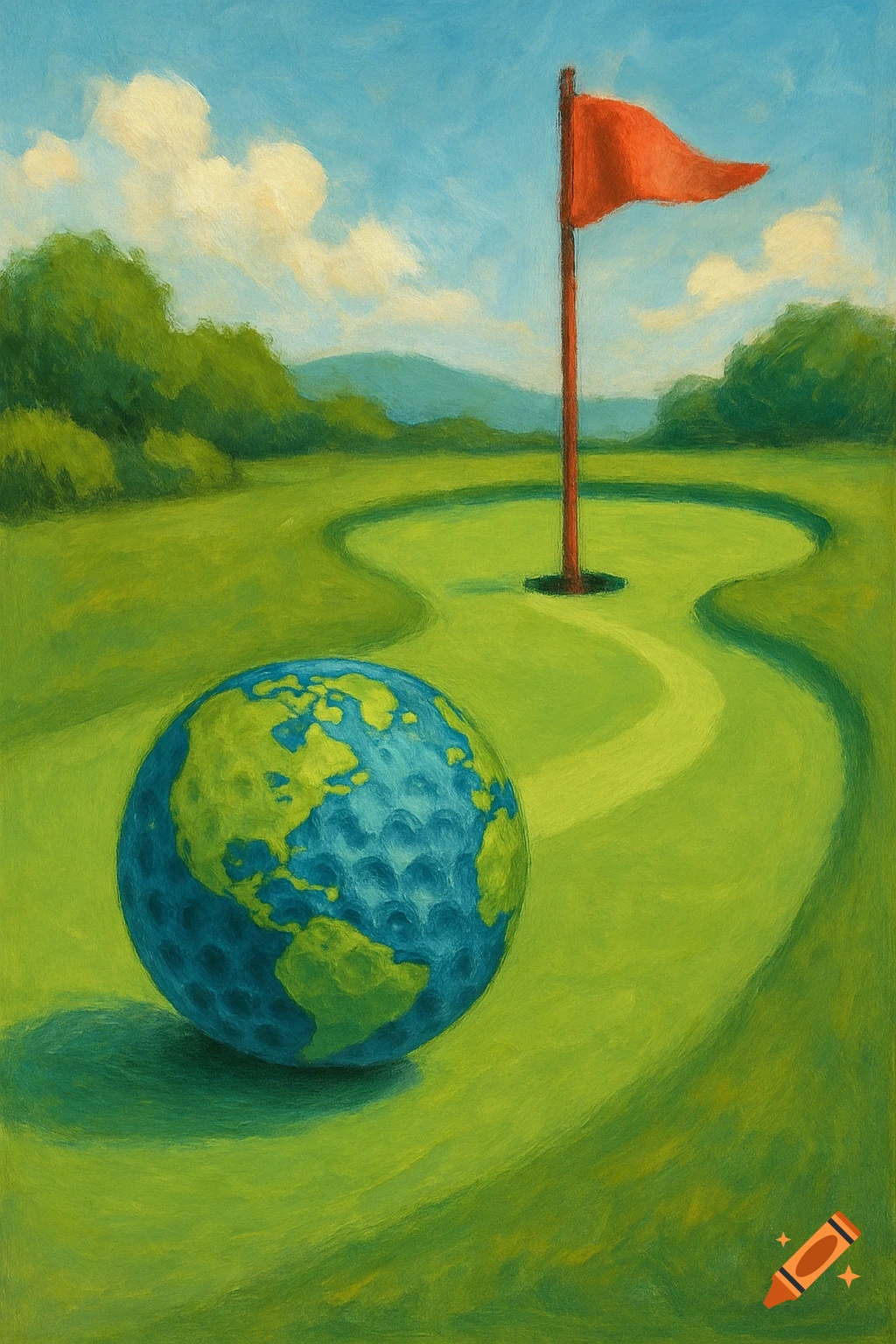 A stylized painting of an earth-patterned golf ball on a green fairway rolling towards a red flag on a sunny day.