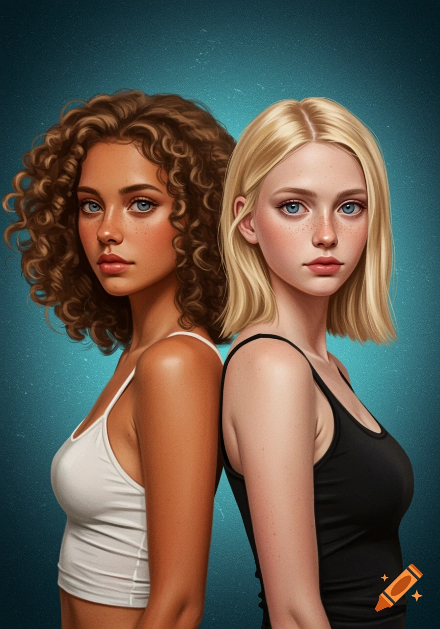 Realistic illustration of two young women, one with curly brown hair and one with straight blonde hair, standing back-to-back.
