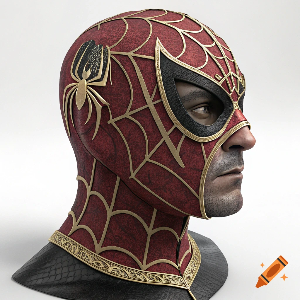 Close-up of a person wearing a red, black, and gold decorative superhero mask with web patterns and a spider emblem.