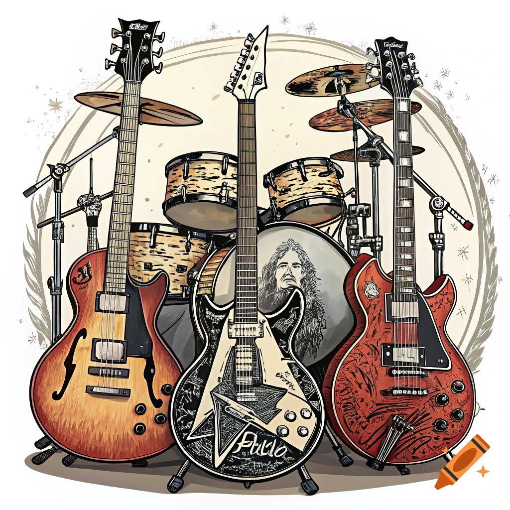 An illustration of three rock guitars and a drum set in a stylized tattoo design.
