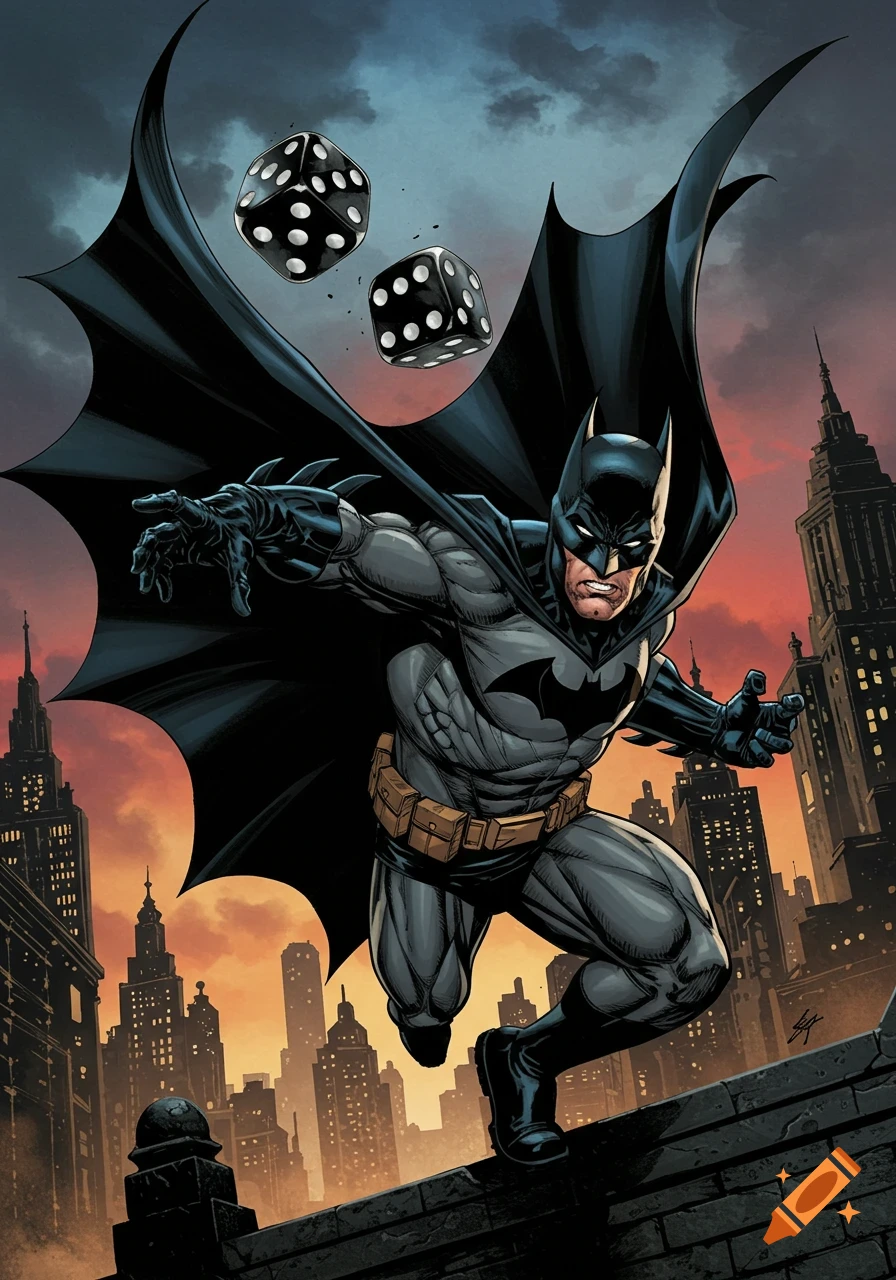 Batman in comic art style, throwing dice on a city rooftop at sunset.