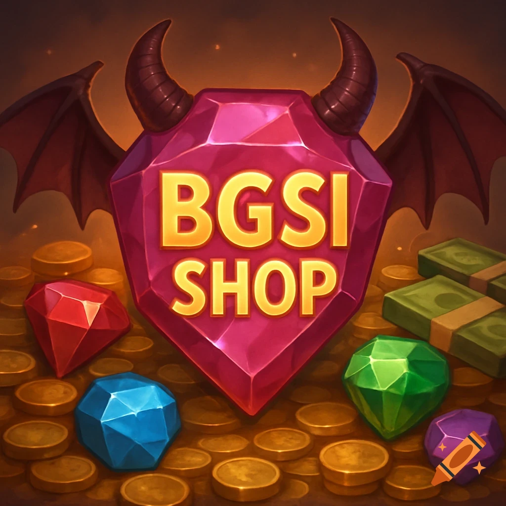 Illustrative pink gem with horns and wings, labeled 'BGSI SHOP', surrounded by gems, coins, and money.