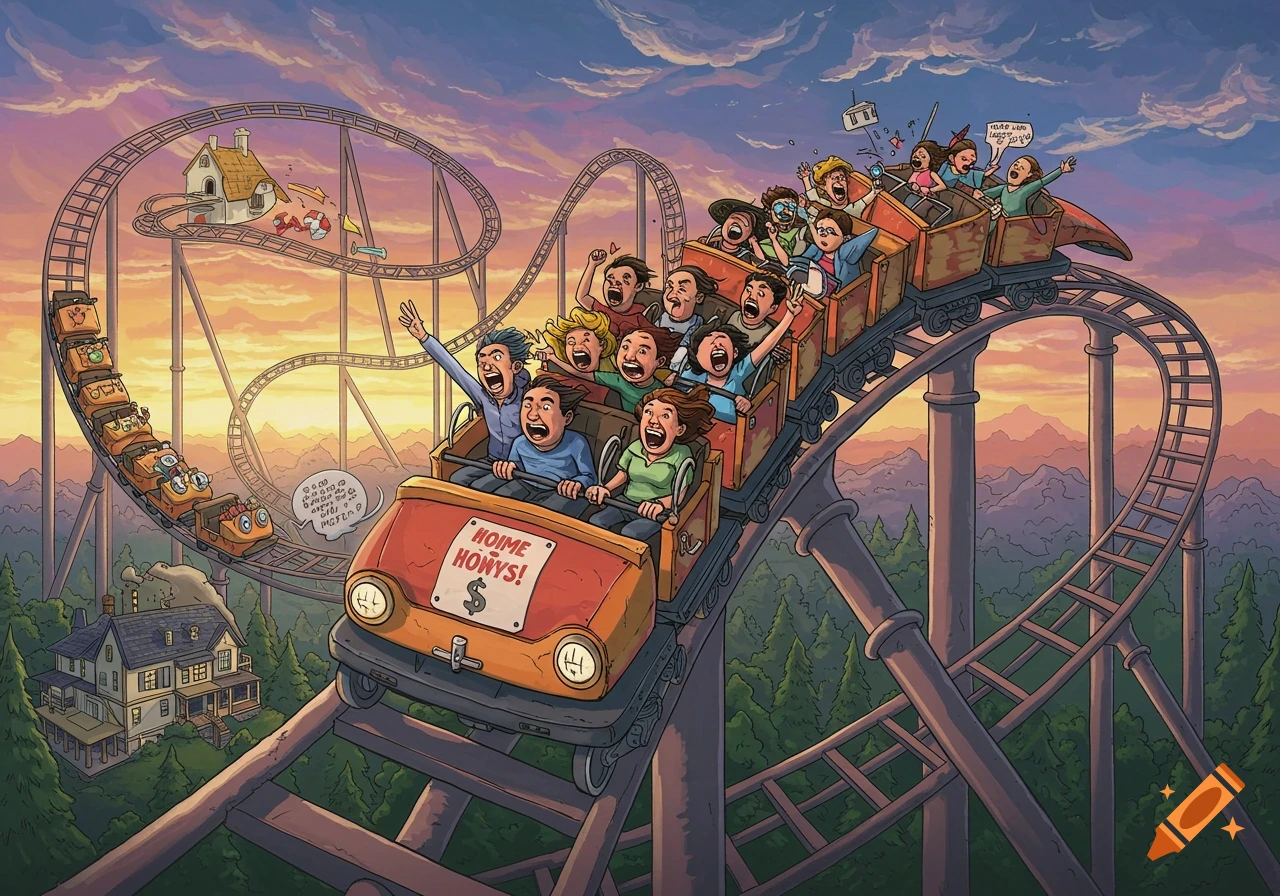 Illustration of screaming people on a roller coaster, which has houses on the track, climbing a hill at sunset.