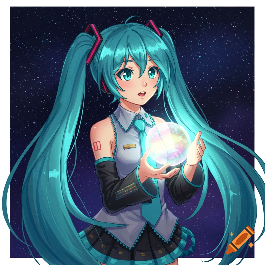 Anime illustration of Hatsune Miku holding a glowing sphere against a starry background.